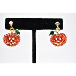 L-S Earrings Halloween Jack O Lantern Rhinestone Crystal Pumpkin Signed Bin7